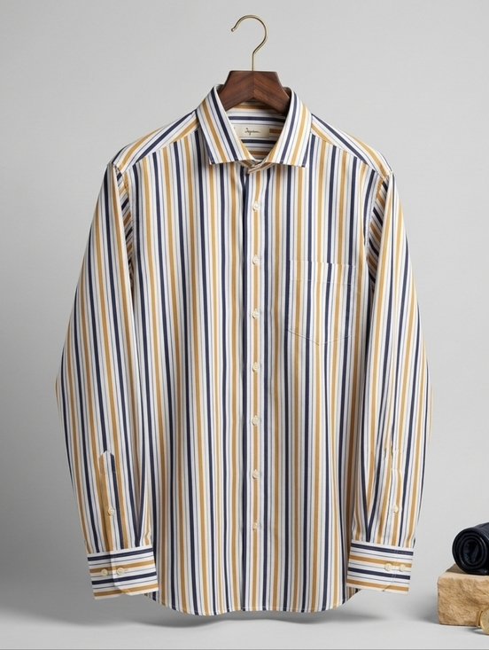 Ingram Other - Ingram Size XXL Mens Luxury Italian Cotton Navy Gold White Striped Button Down